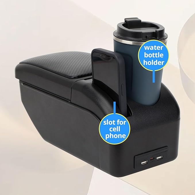 AULPHIKE Compatible with Nissan March Micra Armrest 2011-2016 Car Center Console Organizer Armrests Double Layer Storage with USB Ports（Carbon Fiber Style）