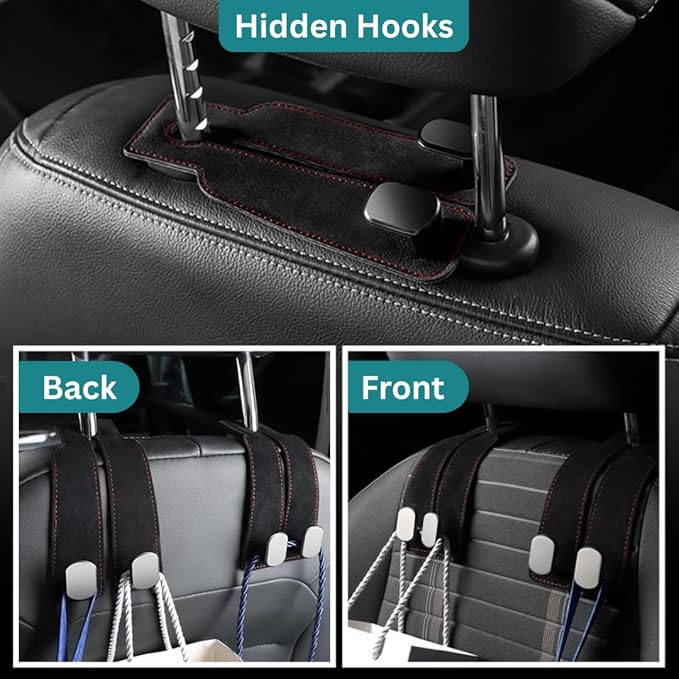 Car Seat Headrest Hooks for Purses and Bags - Premium Leather Double Hook Hanger with Metal Construction, Universal Purse Holder for Car Organization, Fits Most Vehicles (Black, 4-Pack)