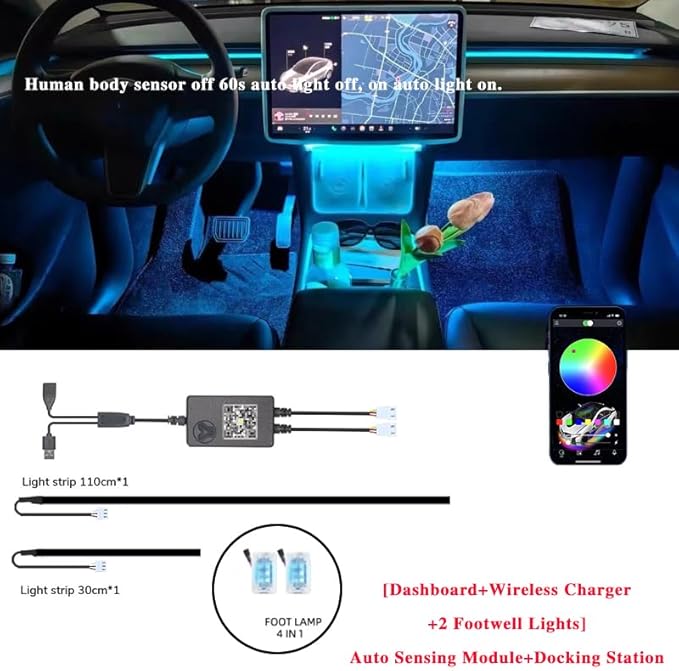 Interior Neon Lights for Tesla Model Y/3, Dreamcolor Acrylic Interior Car LED Strip Light for Tesla, Dynamic Chasing Music Sync Neon Ambient Lighting Kits for Tesla Model Y/3 (2 Strip Set B)