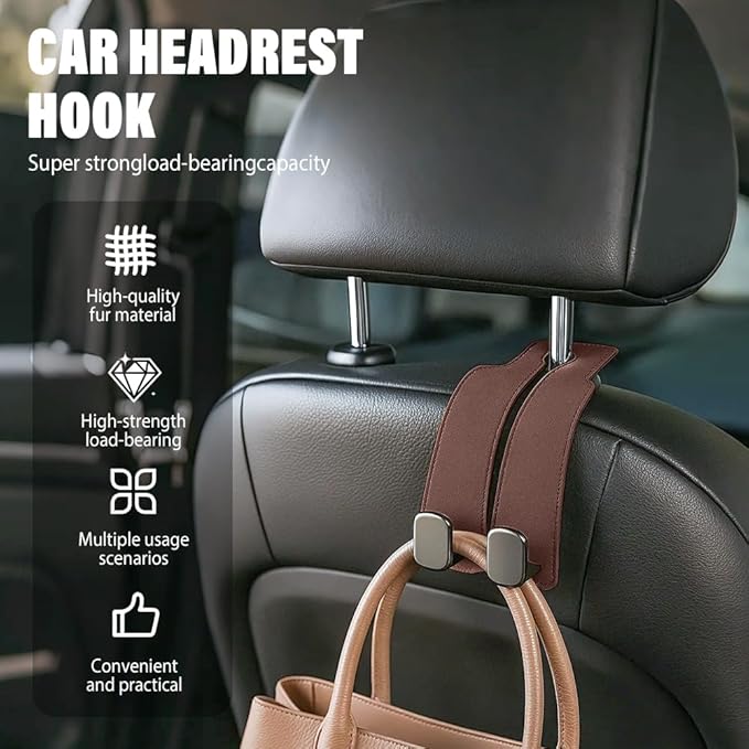 Car Seat Back Storage Hook, 2026 New Two Hook Fur Leather Seat Back Headrest Hanger Genuine Leather Double Metal Hook for Backseat Organizer, Car Organization Accessories (2, Brown)