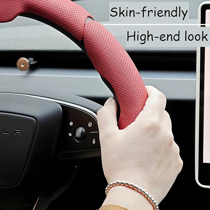Car Steering Wheel Cover, Nappa Leather 15 Inch Snap-On 3PCS Set Vehicle Steer Wheel Wrap Protector, Non-Slip Automotive Interior Protection Accessories, Universal Fit (Orange)