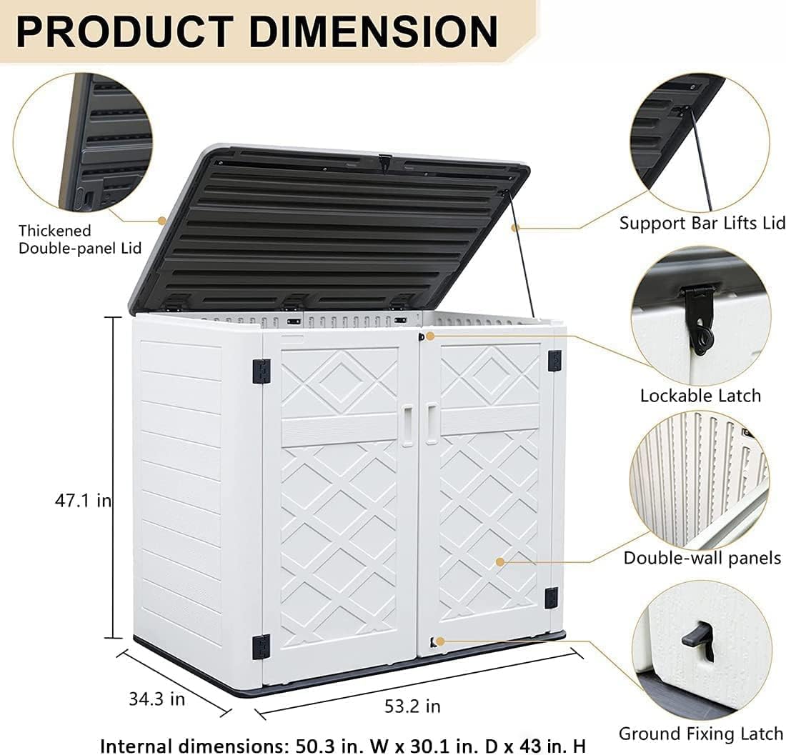 KINYING Larger Outdoor Storage Shed Weather Resistance, Horizontal Outdoor Storage Box Waterproof for Garden, Patios, Backyards, 48 Cu.ft Capacity for Garbage Cans, Lawn Mower, Garden Tools