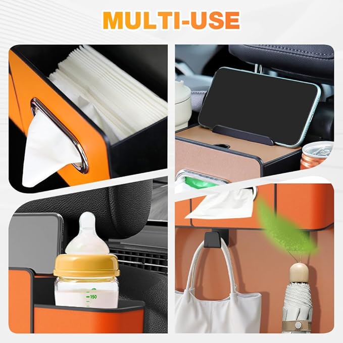 Back Seat Car Organizer,3 in 1 Car Backseat Storage Box with Cup Holder,Tissue Box,Trash Bin&Hooks,Multifunctional Waterproof Storage for Hold Phones Snacks Drinks Handbags (2, Orange)