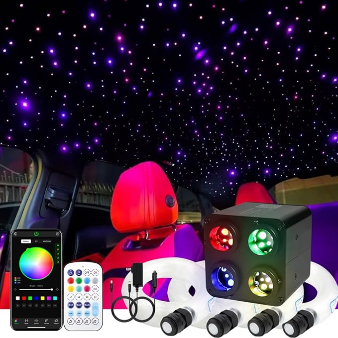 AZIMOM 4Port 36W Twinkle 1000pcs 0.03in 9.8ft Fiber Optic Starlight Headliner Kits 4Colors Light Source Sound Activated Remote APP Control Home Indoor Ceiling Car Headliner Decoration
