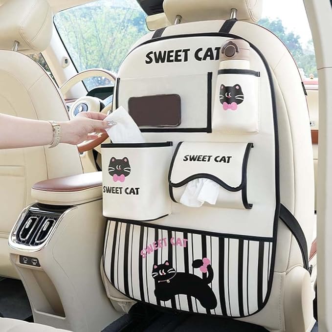 YUNZLAN Leather Backseat Car Organizer, Kick Mats Back Seat Protector with Touch Screen Tablet Holder Back Seat Organizer for Kids with 4 Storage Pockets Travel Accessories (BeigeBlackCat)