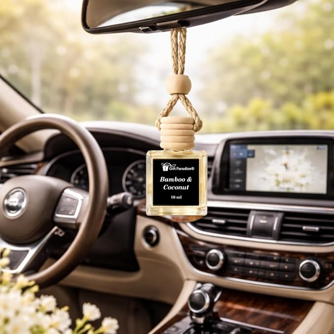 Gift Paradise® Bamboo & Coconut Car Air Freshener Set of 3 – 10 ml Hanging Diffusers with Wooden Cap, Clean Spa Coconut Scent for Car, Closet & Office, Long Lasting – Premium Magnetic Gift Box