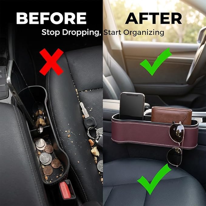 Car Seat Gap Filler Organizer, 2026 New Premium Leather Console Organizer for Holding Phone, Sunglasses, Auto Console Side Storage Box with Cup Holders 2 Seat Hooks for Drink (Beige, Passenger Seat)