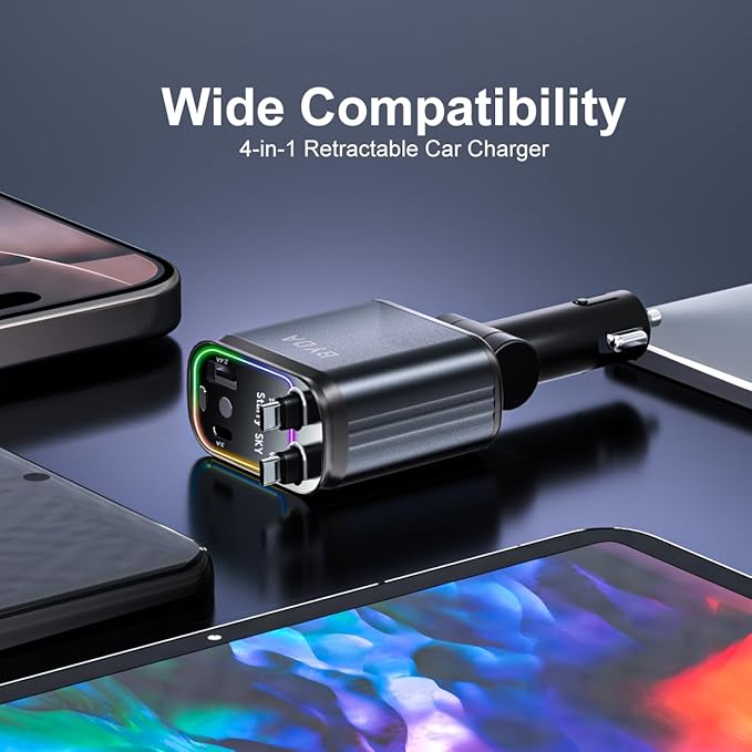 4 in 1 Retractable Car Charger with Starry Light,69W USB-C Fast Car Charger, for iPhone 17/16/15/14/13/12/11, Android,Pixel,Cigarette Lighter Charger (for Lightning+USB-C)