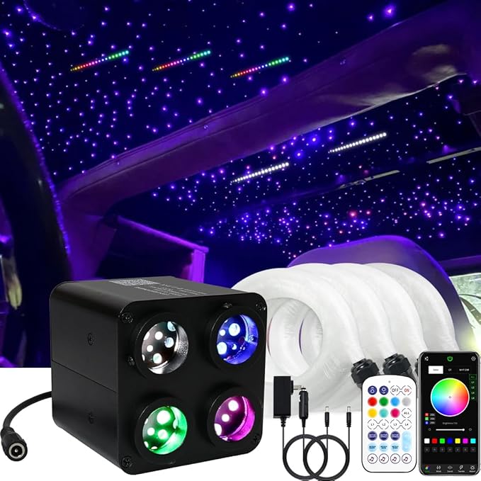 AMKI Updated 4Color Meteor Twinkle 36w Starlight Headliner Kits 900pcs 0.03in 9.8ft, 240pcs RGB Meteor Shooting Star Cable, 2 in 1 Fiber Optic Light Box RGBW Sound Activated Mode for Car& Home Decor