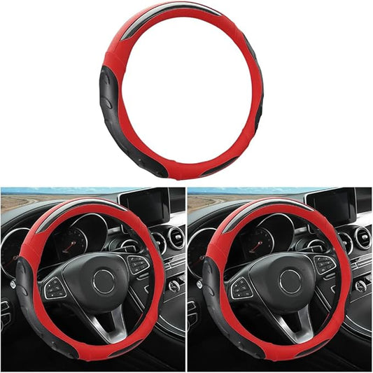 Leather Steering Wheel Cover, Auto Car Stretch Steering Wheel Protector, Universal 15 Inch Anti-Slip Breathable Odorless Steering Wheel Cover for Men Women (Black/Red)
