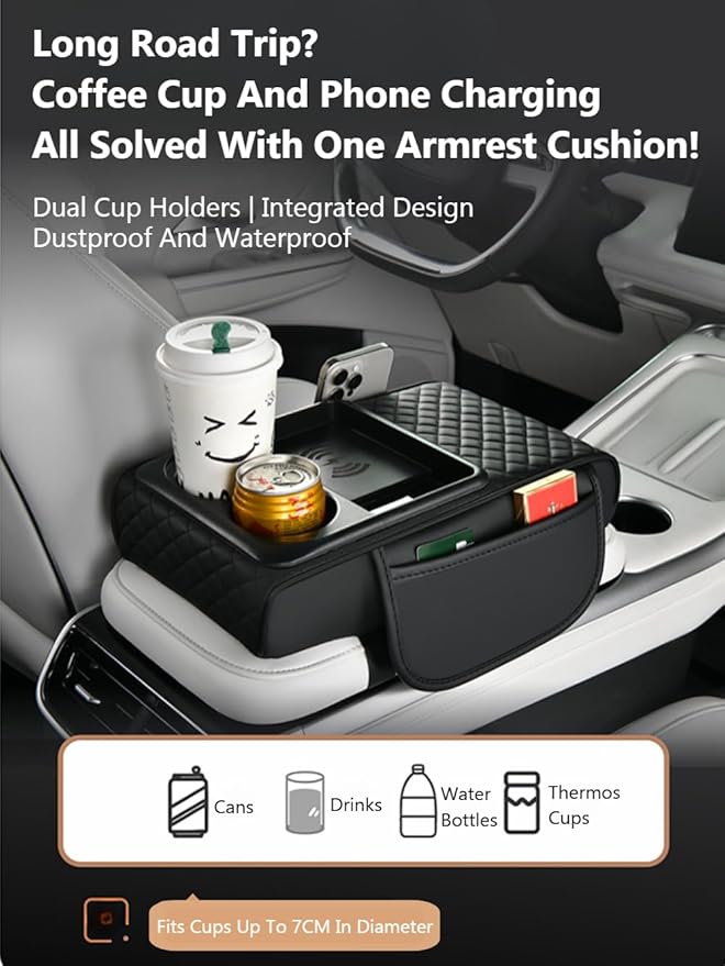 Car Armrest Pad with Built-in Induction Charging, Leather Center Console Cushion with 15W Power Pad, Dual Cup Holders, Storage Pockets - Black-Redline