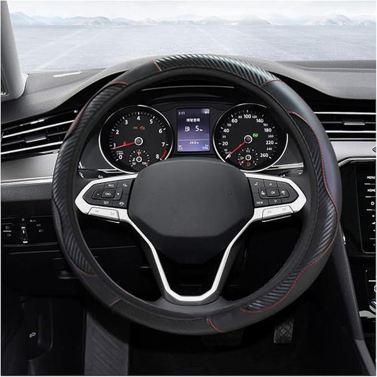 Car Steering Wheel Cover, 15 Inch Carbon Fiber Leather Elastic Steering Wheel Protector, Anti-Slip, Breathable & Soft Car Interior Accessories Universal for Most Cars, Men & Women (Black)