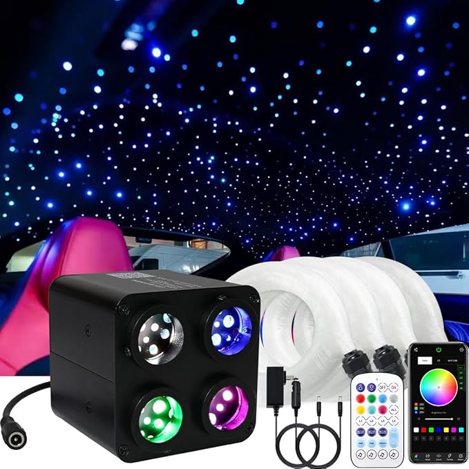 AMKI Updated 4Color Twinkle 36w Starlight Headliner Kits 600pcs 0.03in 9.8ft Fiber Optic Light Cable 4 Ports Starlight Box App/Remote Control Sound Mode for Car Home Ceiling Decoration