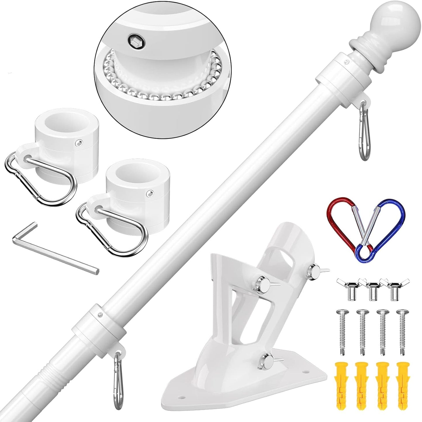ZMTECH Flag Pole - Upgraded Bracket, 6 FT Stainless Steel Flag Poles for Outside House, Residential or Commerical, Tangle Free Flag Pole Kit for American Flag (Without Flag, White)