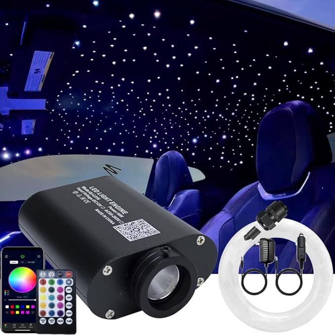 AZIMOM Car Use Bluetooth 16W Upgraded Fiber Optic Light Star Ceiling Lighting Kits Mixed 335pcs 13.1ft Optical Fibers Sound Activated APP Remote Control Livingroom Headliner Starlight Decoration