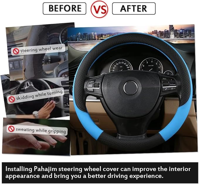 Pahajim Steering Wheel Cover Flat Bottom, D Shaped Car Steering Wheel Wrap PU Leather Anti Skid 14.5-15 Inch (37-38cm) Cubre Volantes Carros for Women Men (Blue)