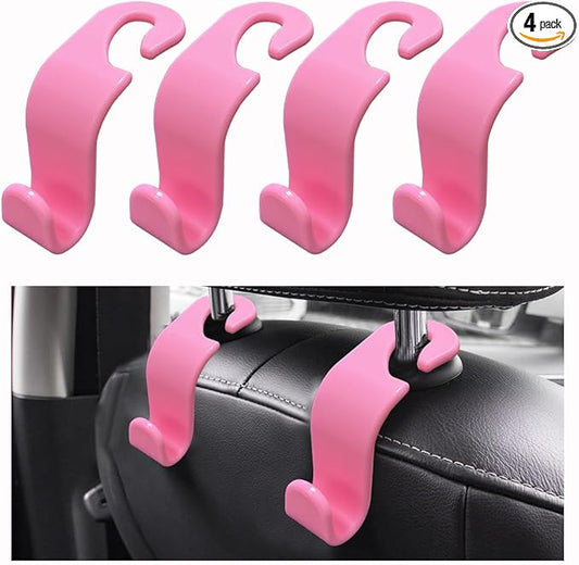 Ziciner Car Seat Headrest Hooks, 4 Pack Auto Durable Backseat Hangers Storage Organizer, Universal Vehicle Interior Holder Accessories for Purse, Grocery Bags, Handbag, Cloths ect (Pink)