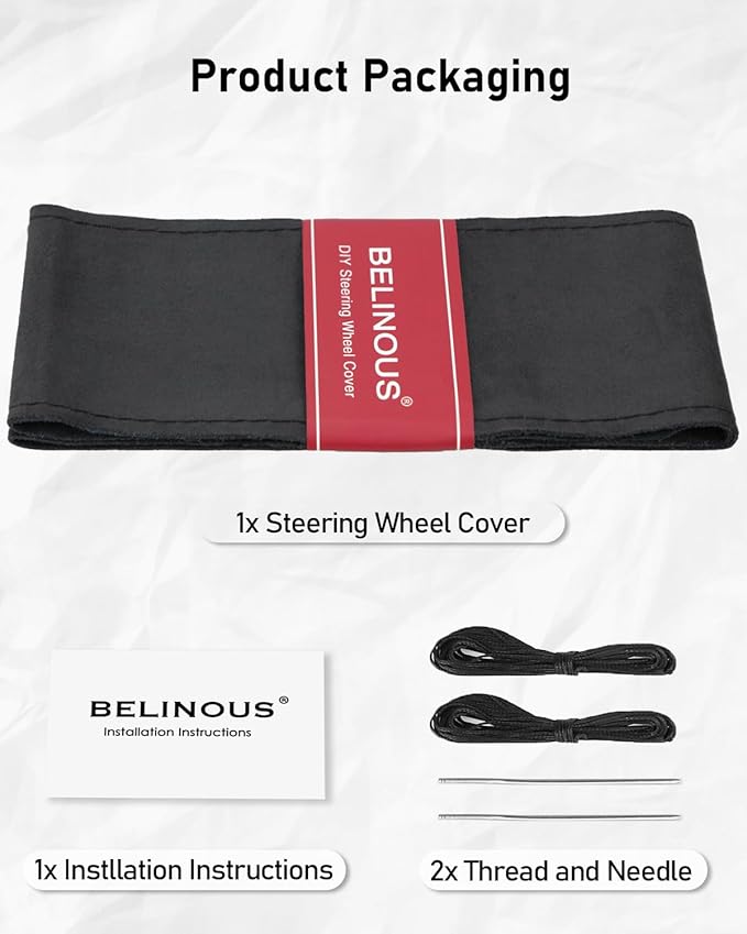 Belinous Suede Leather Steering Wheel Cover, DIY Stitch-On Steering Wheel Wrap with Needle & Thread, Non-Slip & Sweat-Absorbing, Universal Fit for 13.75-16 Inch (Size L5, Black)