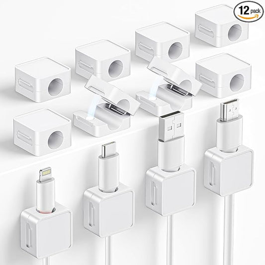 Magnetic Cable Clips, 12 Pack Cord Holder, Desk Cable Management, Adhesive Wire Holder Keeper Organizer for Home Office Desk Phone Car Wall Desktop Nightstand