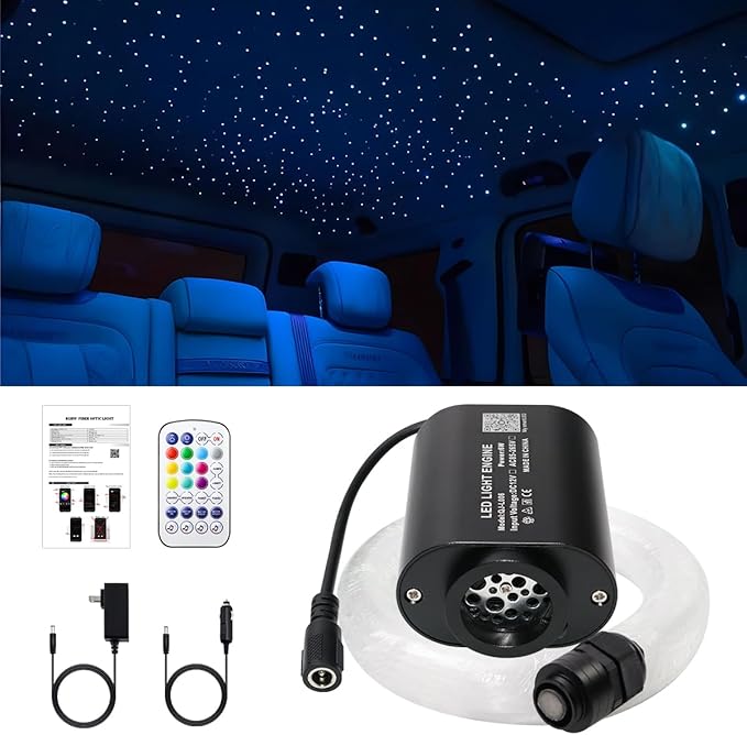 AMKI Mini 6W Starlight Headliner Kit 200pcs 0.03in 6.5ft,Twinkle+Sound Activated Fiber Optic Light 4Lamp Beam Starlight Box APP/Remote Control for Car Home Star Ceiling Decoration