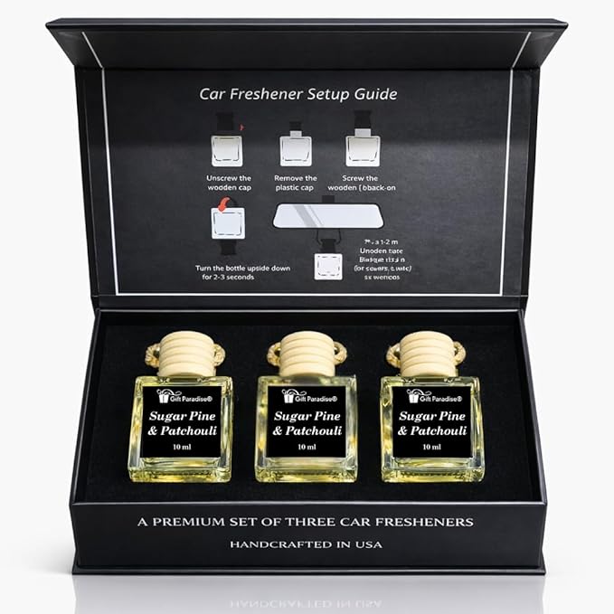 Sugar Pine & Patchouli Car Air Freshener Set of 3 (10 ml Each), Hanging Diffuser Bottles with Wooden Cap, Woodsy Earthy Fragrance for Car, Home & Office, Magnetic Gift Box