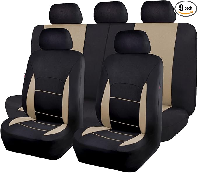 Flying Banner Car Seat Covers Set Beige Tan Front Seats Rear Bench Polyester car seat Protectors Easy installations Rear Bench Split Classic Man Lady
