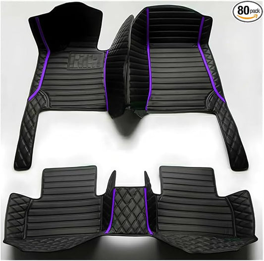TREGOO All Weather Car Mats Custom Fit Non Slip Floor Mats for 1998-2025 Cars Personalized Leather Protection Pads Suitable for Men Women (Black Double Panel with Purple Stripe)