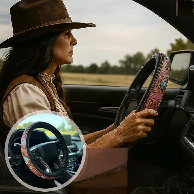 Western Steering Wheel Cover,Retro Western Cowboy Car Universal Steering Wheel Cover,Embossed Hand-Painted Leather Western Car Accessories, for Women Man, Anti-Slip Design Easy to Install (B)