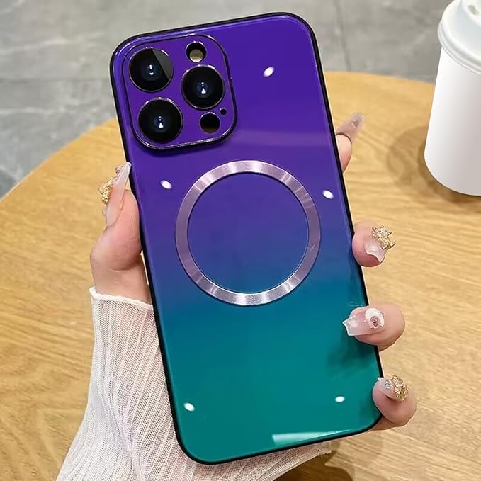 Guppy Compatible with iPhone 16 Pro Case Magnetic, with Full Camera Lens Protector [Compatible with MagSafe] Scratch Resistant Gradient Glass Back Cover Phone Case-Purple
