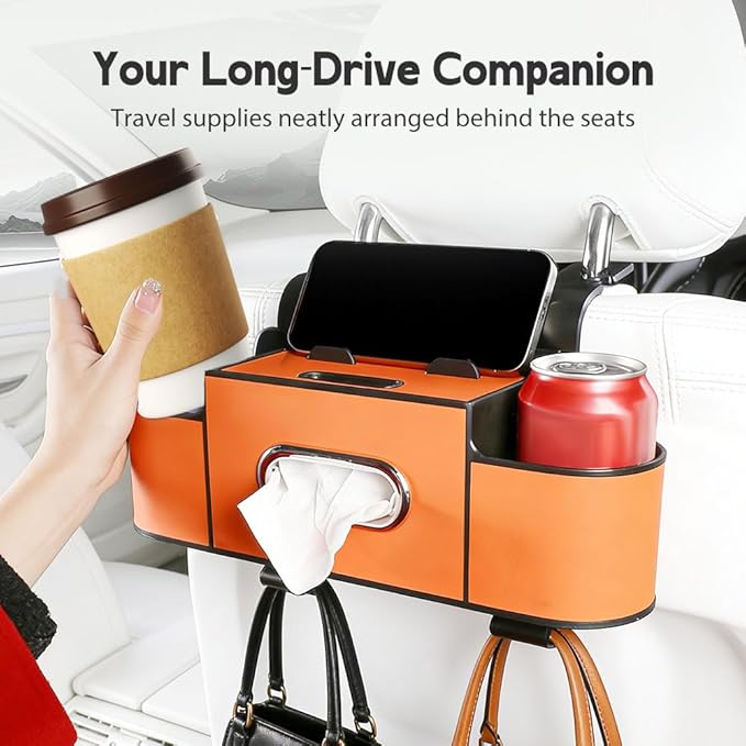 Multifunctional Car Seat Back Storage Box, 3-in-1 Backseat Car Organizer with Dual Cup Holders, Hold Phones, Snacks, Drinks, and Handbags (Orange)