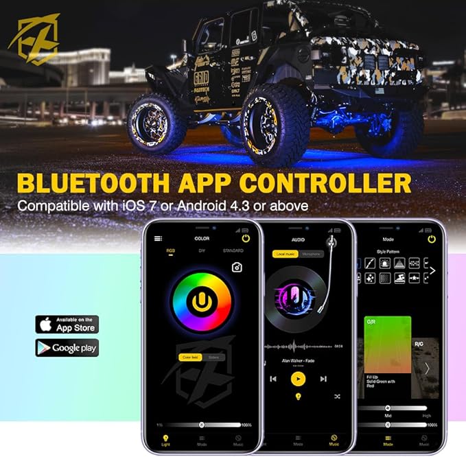 Xprite RGBW LED Rock Lights Kit with Bluetooth & Wireless Remote Controller, Multicolor Cars Underglow, Wheel, Footwell Neon Light Kits, for Off-Road UTV ATV Trucks SUV Motorcycle Boats - 4 Pods
