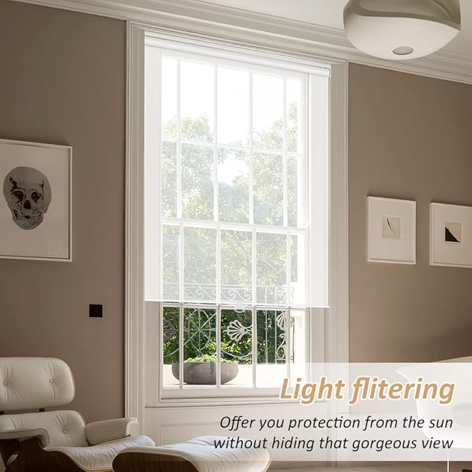 LUCKUP Light Filtering Roller Shades for Windows, Cordless Semi Sheer Solar Blinds with 5% Openness Free-Stop Window Shades for Home & Office, White 42" W x 72" L