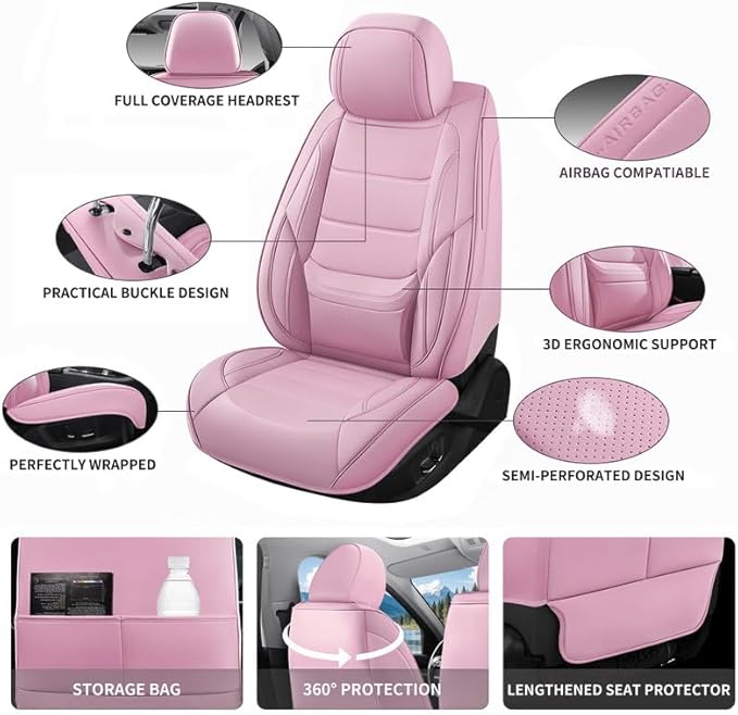 Car Seat Covers Full Set Custom Fit for Ford Taurus 1999-2018 - Premium Faux Leather with Lumbar Support, Breathable, Waterproof, Anti-Slip, Durable, Easy to Install (Pink, Full Set)