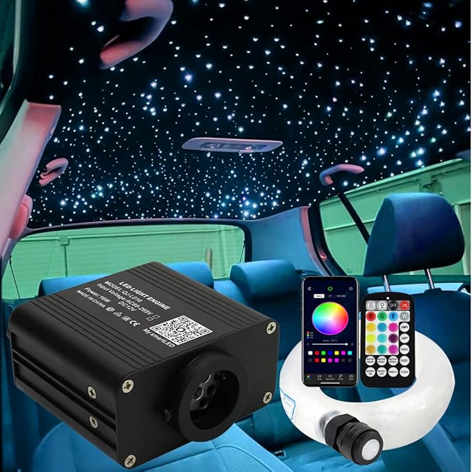 AZIMOM 16W Twinkle & Sound Activate 600pcs*0.03in*13.1ft Fiber Optic Starlight Headliner Kits for Car Home Star Ceiling Sky Decoration, APP& Remote Control Light Engine End Glow Fiber Strands