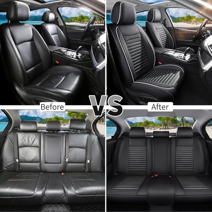 Car Seat Covers Full Set Fit for Toyota Matrix 2003-2014, Premium Faux Leather Car Seat Protector,Breathable Anti-Slip Full Wrapping Edge Seat Covers(Black&White,Full Set)