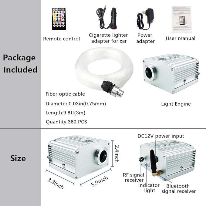 FIREWORK Starlight Headliner Kit, Fiber Optic Lights 10W RGBW Twinkle+Music Effect+APP+Remote, Long-Lasting Durability, 360pcs 9.8ft/3m 0.03in/0.75mm Fiber Cable for Star Lights for Car & Home Ceiling