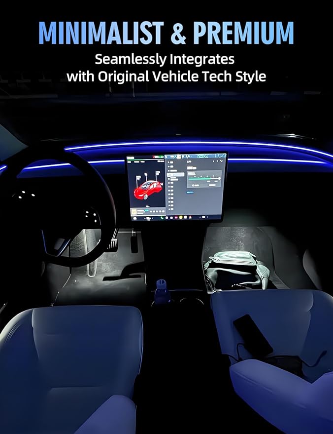 Ambient Light with Blind Spot Warning for Tesla Model 3 Highland (2024 2025) & Y Juniper (2025 2026) LED Interior Lights Strip 3.77ft for Tesla Custom Color Modes Neon Light Kit Plug-and-Play