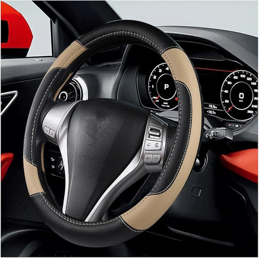 BELOMI Leather Car Steering Wheel Cover, Universal 15 Inch for Car Truck SUV, Non-Slip and Breathable, Sport Style Design Odorless Steering Wheel Protector, Automotive Interior Accessories (Beige)