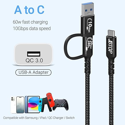2-in-1 Android Auto USB C Cable 1.5ft[2Pack], USB-C 240W Fast Charging 10Gbps Superspeed Data Transfer Cable, Compatible with iPhone 16 15 Pro Max, Galaxy S23, Pixel 9 Pro XL