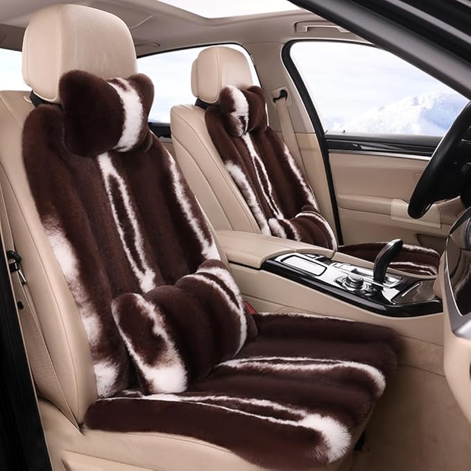 Luxury Plush Car Seat Cushion Set Car Headrest & Lumbar Support & Seat Cushion & Back Support Pillow Fluffy Fuzzy Car Seat Covers Non-Slip Cushion for Universal Accessories Automobiles (8, Coffee)