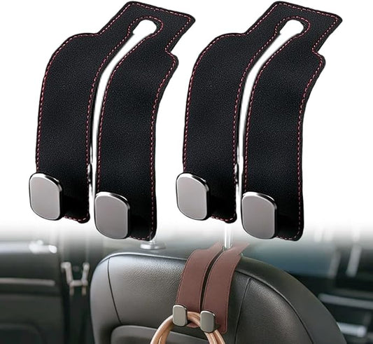 2026 New 2 in 1 Car Seat Back Storage Hook, Car Backseat Organizer Accessories, Premium Leather Headrest Hook for Auto Hooks Organizer for Handbag Purse Coat Bags (1, Black)