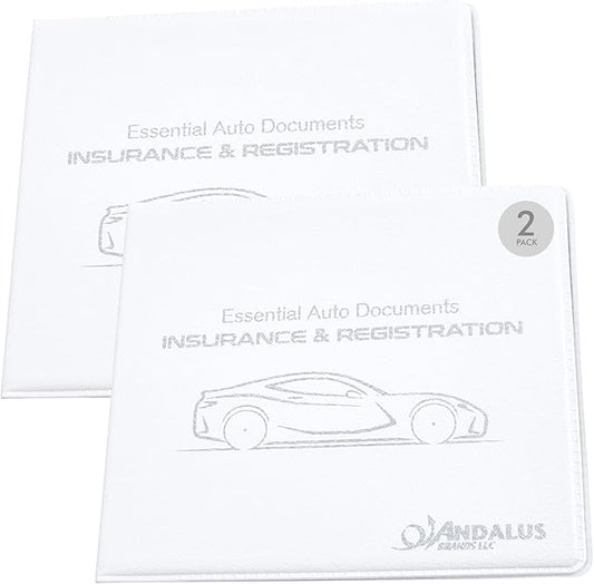 Andalus Auto Registration & Insurance Card Holder Pack of 2, Waterproof Essential Car Registration Holder with Hook & Loop Closure, Perfect for Every Vehicles Glove Boxes (White - 5 1/8" x 4 5/8")