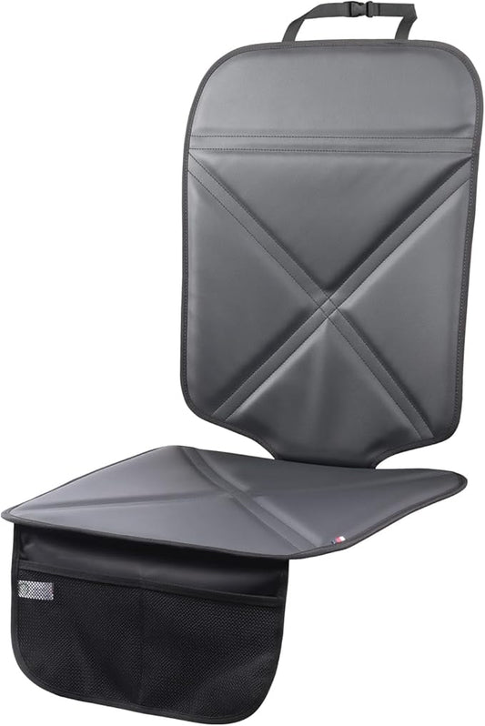 Car Seat Protector Leather Waterproof Child Safety Seat Protector Cover with Thick Pad and 2 Large Pockets Durable Kick Mat for All Auto Seat (Black)