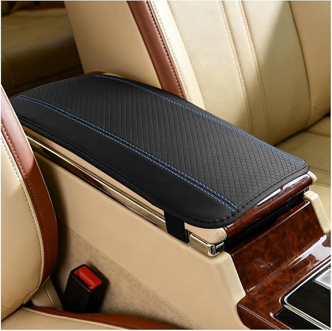 Car Center Console Cover, PU Leather Vehicle Armrest Seat Box Cover Protector, Comfortable Automotive Interior Arm Rest Cushion Pad Accessories, Universal for SUV Sedan Truck (Black/Blue)