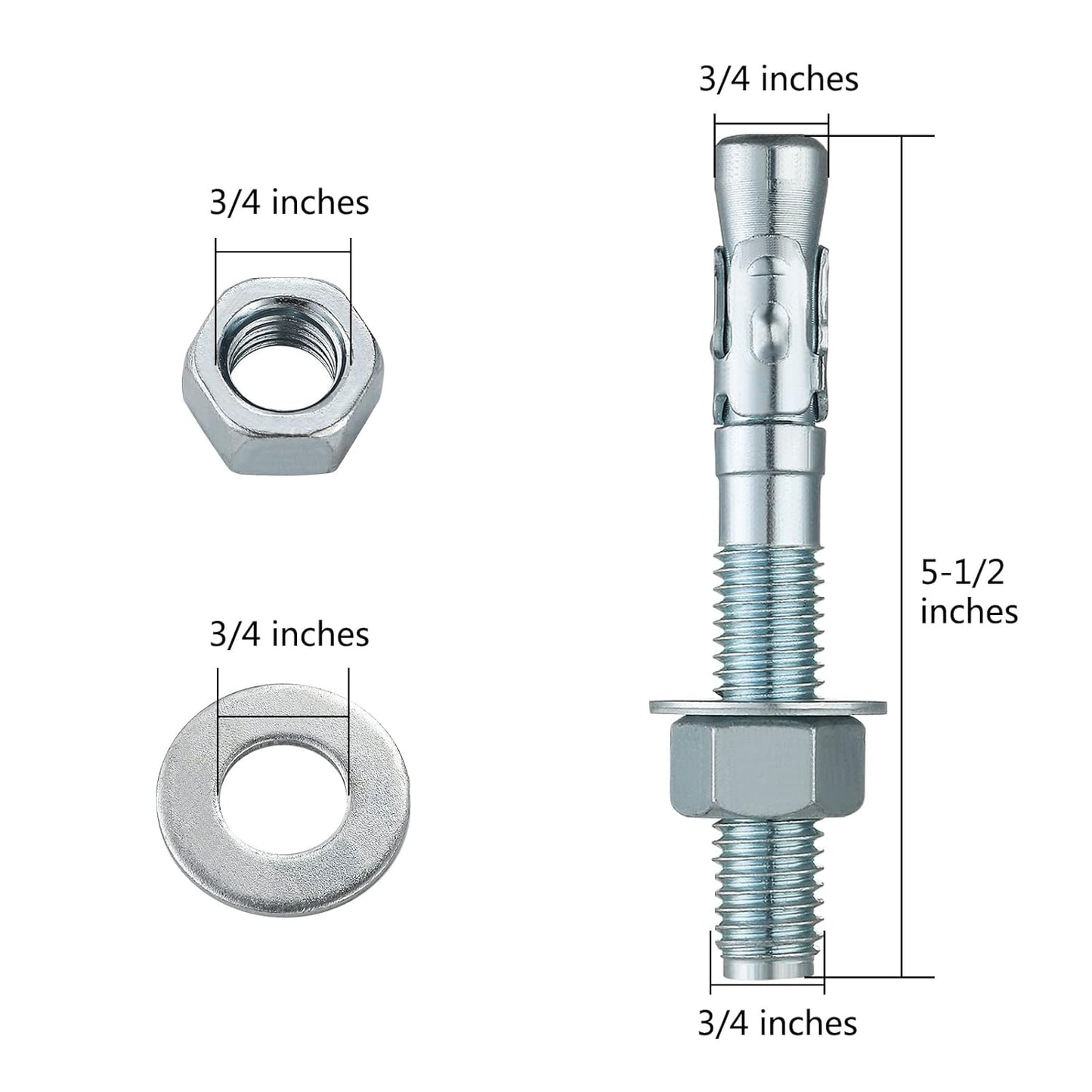 3/4x5-1/2 10Pcs Inch Standard Fasteners for Heavy-Duty Zinc Wedge Anchors for Cement and Concrete