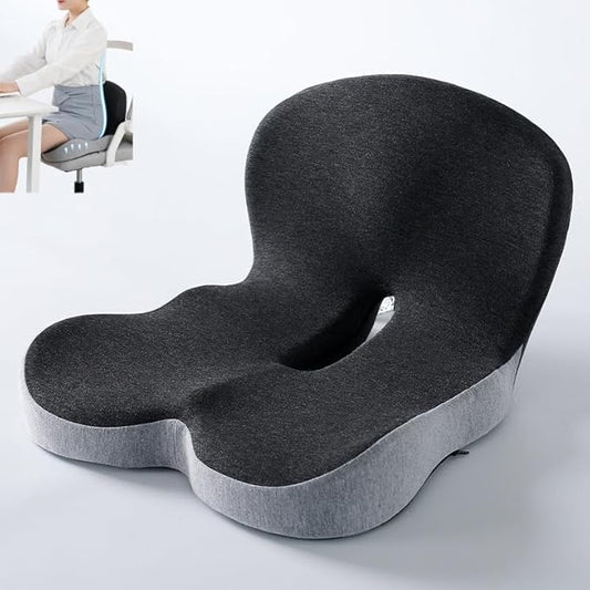 L-Shaped Memory Foam Seat Cushion with Lumbar Support-Ergonomic Car & Office Chair Cushion for Sciatica, Coccyx & Back Pain Relief Supports Hips & Back for Drivers & Long Sitting (Black Grey)
