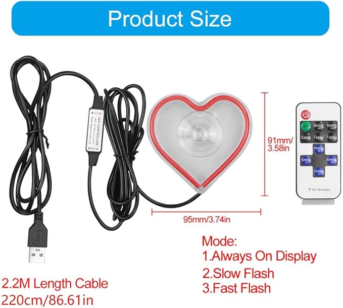 Car LED Ambient Light, Love Heart USB Vehicle Neon Lighting with Remote Control for Triangle or Back Window, Car Interior Accessories for Car, Bedroom, Party (Red)