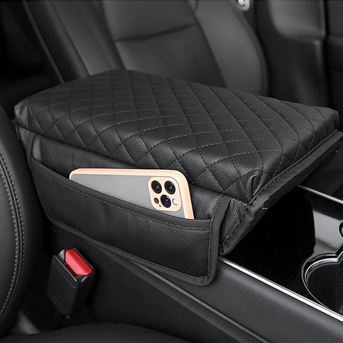 zipelo Car Armrest Cushion, Carbon Fiber Leather Auto Center Console Pad, Memory Foam Armrest Box with Storage Bag, Hand Rest Pillow with Organizer Pockets, Universal Fit for Most Vehicles (Red)