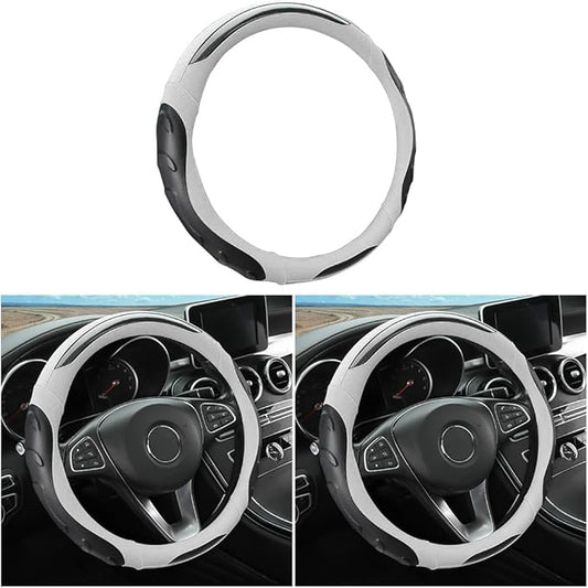 Leather Steering Wheel Cover, Auto Car Stretch Steering Wheel Protector, Universal 15 Inch Anti-Slip Breathable Odorless Steering Wheel Cover for Men Women (Black/White)