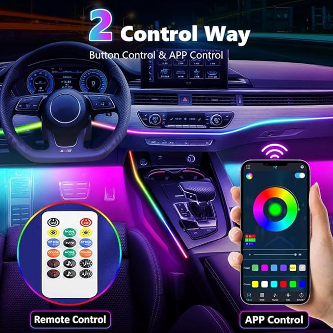 Acrylic Interior Car LED Strip Light with APP Remote Control,175 inches 10 in 1 RGB Dreamcolor Neon Strip Fiber Optic LED Ambient Lighting Kits,RGB Music Lights Sync for Inside car Decorations